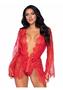 Leg Avenue Floral Lace Teddy With Adjustable Straps And Cheeky Thong Back Matching Lace Robe With Scalloped Trim And Satin Tie - Small - Red